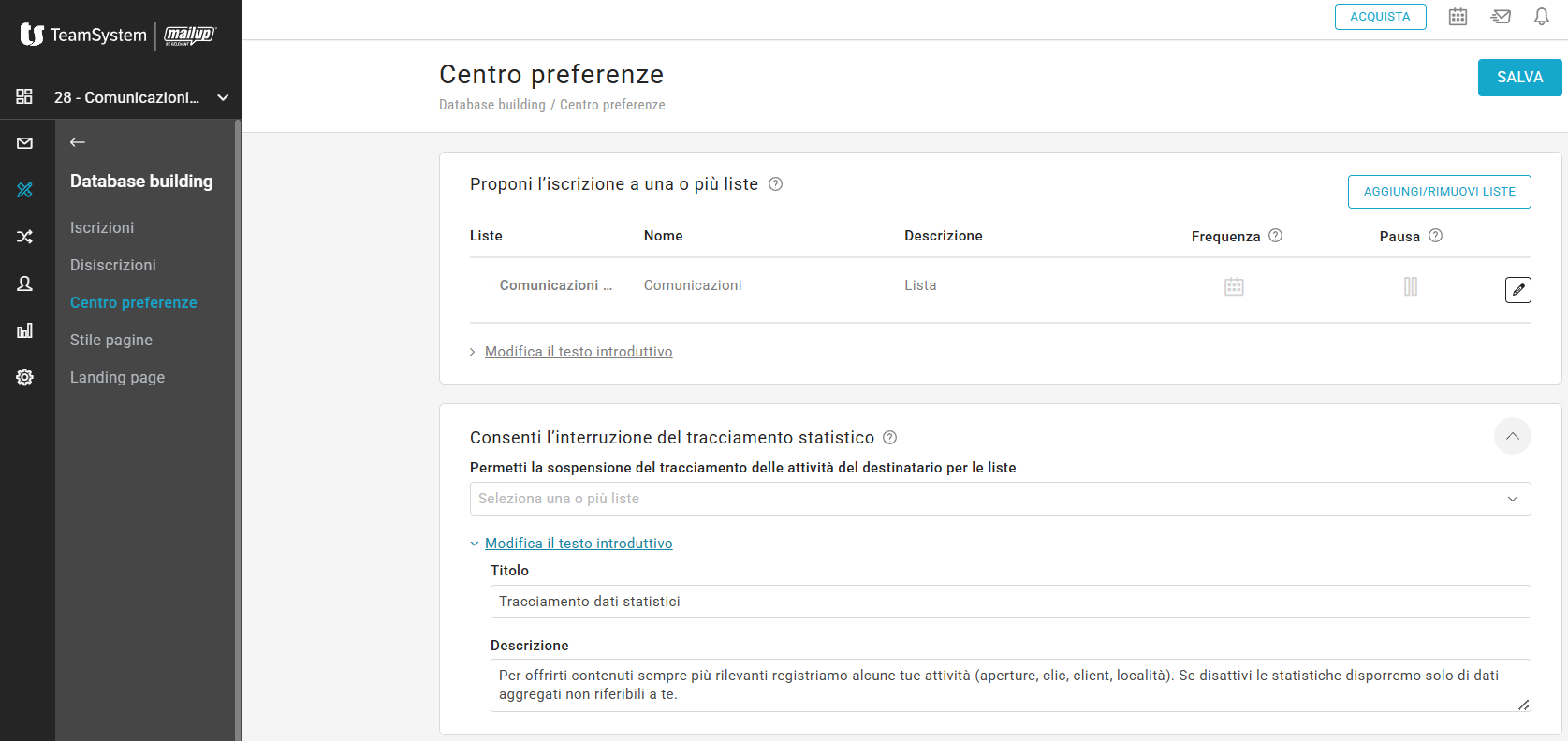 Centro Preferenze MailUp