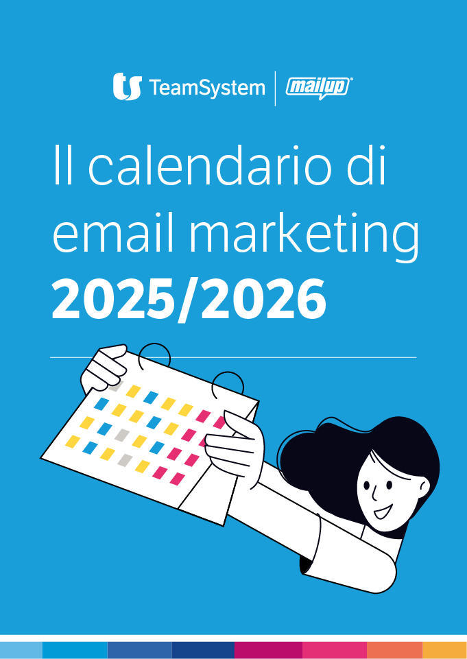 TS_EBOOK_Cover_CRM copy 2 copia 3 Copertina del calendario di email marketing 2025/2026 di TeamSystem e MailUp, con illustrazione di una ragazza sorridente che tiene in mano un calendario colorato