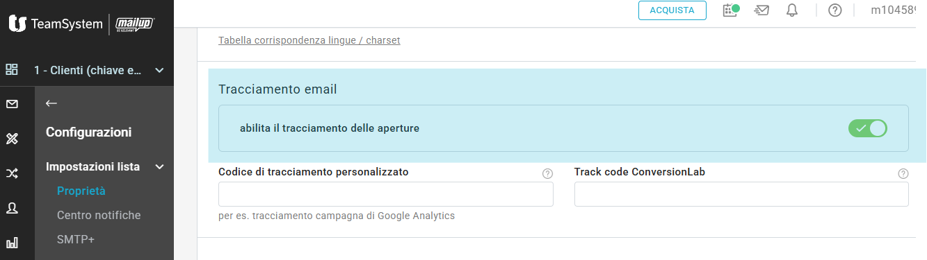 tracciamento pixel disattivato a livello di lista